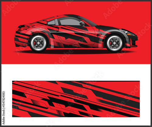 Red and Black Sport Car Wrap Design on Red Background