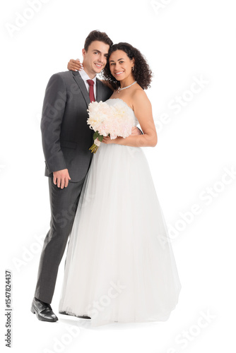 Young wedding couple on whi...