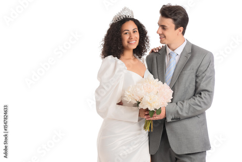 Young wedding couple on whi...