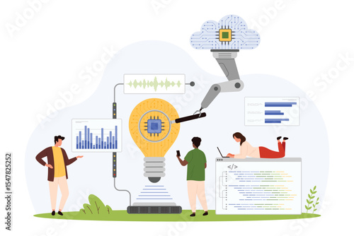 Cloud analysis of digital project, data optimization. Tiny people with magnifying glass and robotic arm manipulator research bright light bulb with microchip, analyze chart cartoon vector illustration
