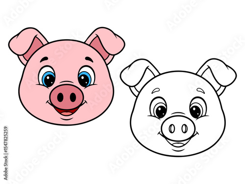 Cute cartoon pig head illustration, with one colored pink version and one black and white outline. Ideal for farm animal themes or coloring pages.