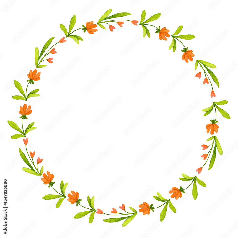 Fototapeta premium Wreath of orange flowers. Nordic folklore, Scandinavian style. Elements of folk art design. Watercolor background, backdrop for poster, logo, postcard, invitation, label, etc.