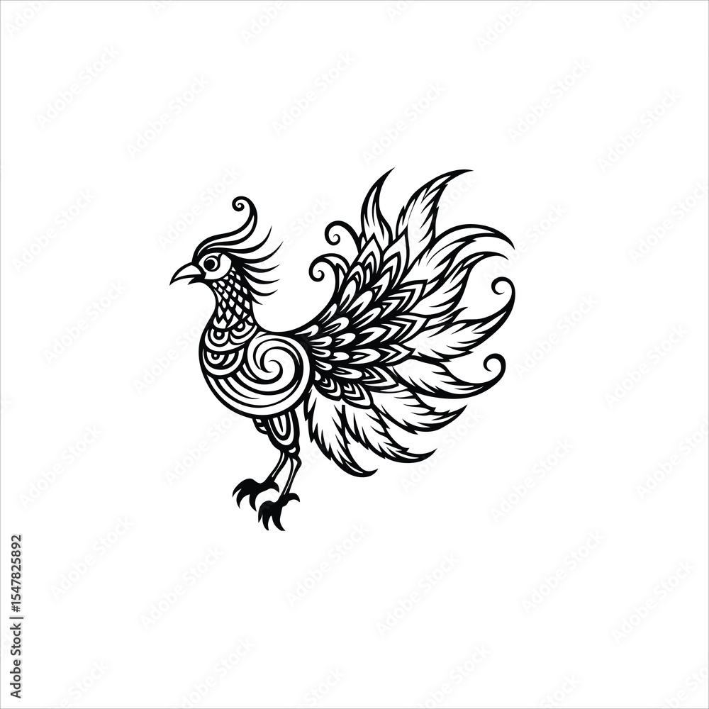 Obraz premium Detailed black and white drawing of a stylized bird with long feathers