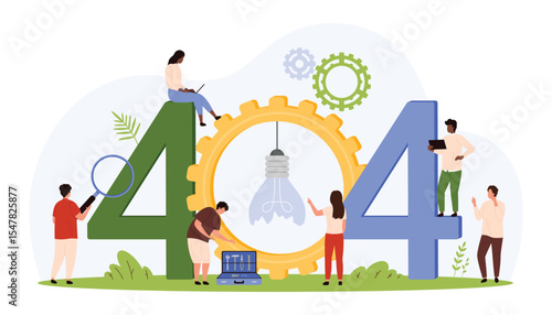 404 error, Page not Found. Tiny people of technical maintenance service work to update and repair website troubles, creative warning message of web network failure cartoon vector illustration