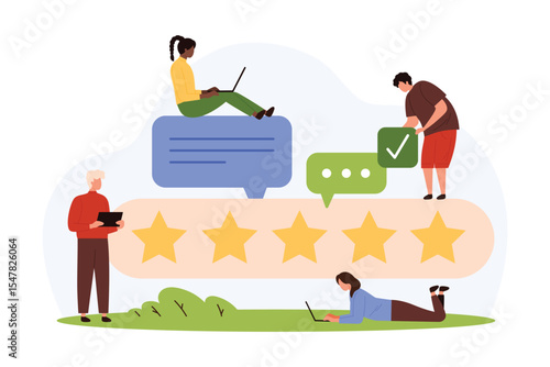 Customer review vector illustration. Cartoon tiny people rate clients experience in survey, give 5 stars in positive feedback comment online, excellent choice and satisfaction of satisfied characters