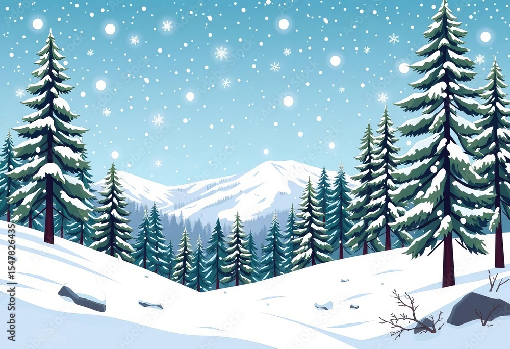 Fototapeta premium Flat vector illustration of snowy winter mountain landscape with pine trees, hills, and falling snowflakes, holiday, clipart
