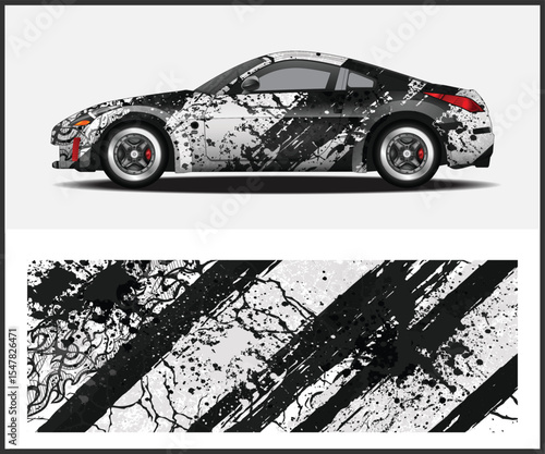Car wrap design with abstract black and white grunge pattern illustration