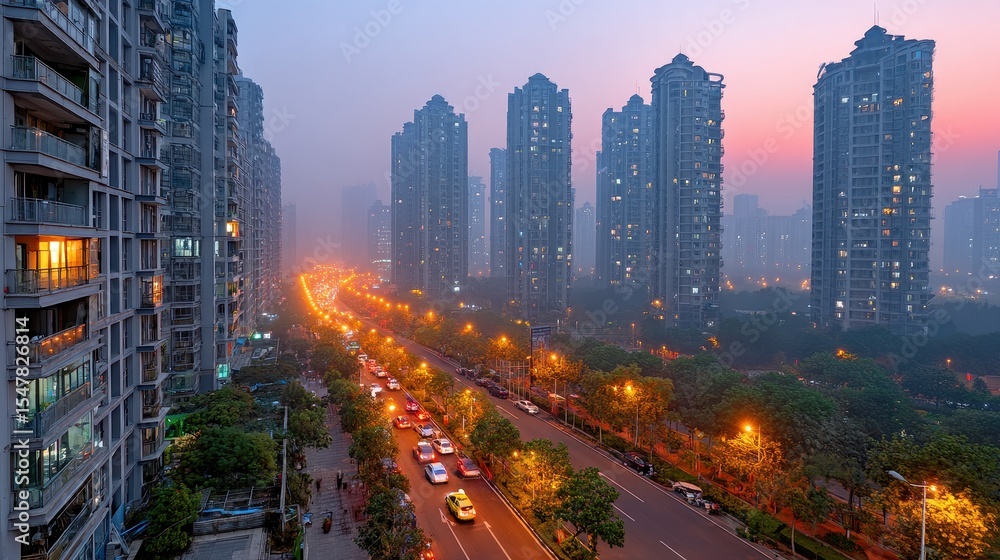 Fototapeta premium Aerial view: city lights, traffic. Tall buildings overlook busy street. Cityscape with modern architecture and urban life