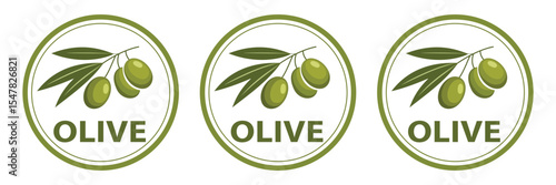 Three circular olive branch logos, symbolizing olive oil, healthy food, and Mediterranean cuisine.