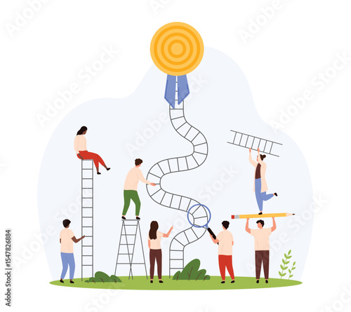 Opportunity for career growth, success strategy of straight fast way to development and leadership. Tiny ambitious people with magnifying glass improve ladder with obstacle cartoon vector illustration