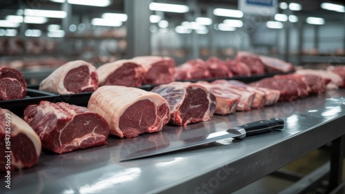 Fresh raw beef cuts on stainless steel table in industrial meat processing facility. Butchery, food production, meat industry and culinary ingredients concept.