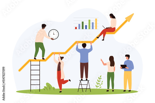 Advisory assistance in business growth vector illustration. Cartoon ambitious team of tiny people holding arrow together, help startup develop without risk and destruction, increase and change profit
