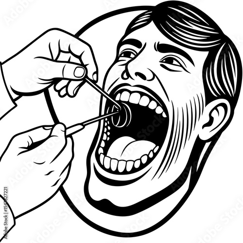 Dentist examining patients teeth with mirror isolated on white