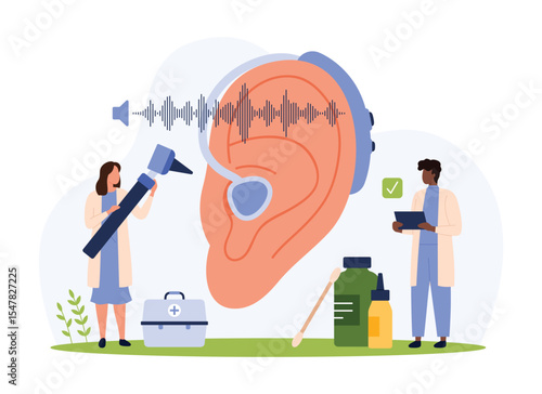 Hearing disease, deafness, diagnosis of otolaryngology and audiology vector illustration. Cartoon tiny people check health of big ear with hearing aid, specialists with otoscope on medical examination