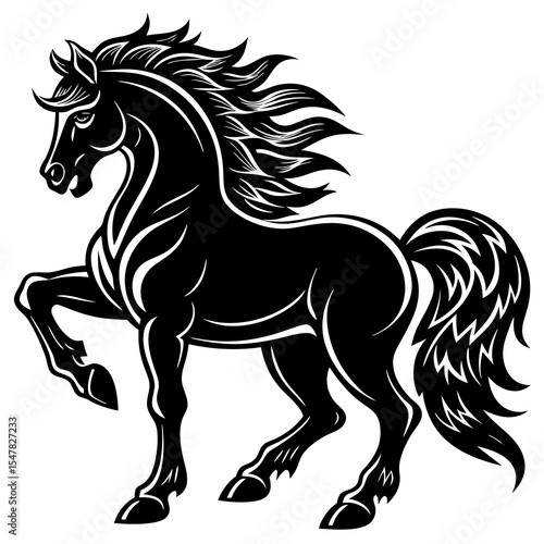 Black stallion prancing isolated on white background