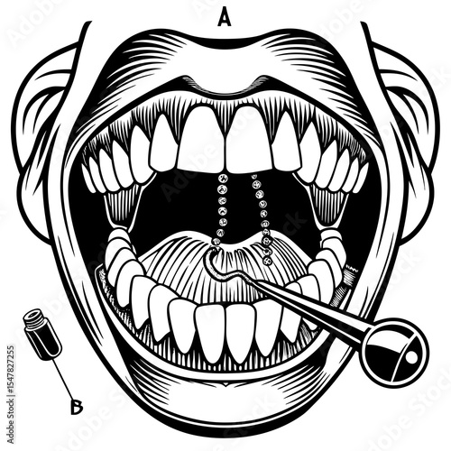 Open mouth with teeth being examined by dental instrument diagram