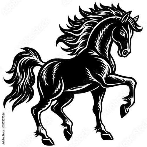 Black horse prancing isolated on white background