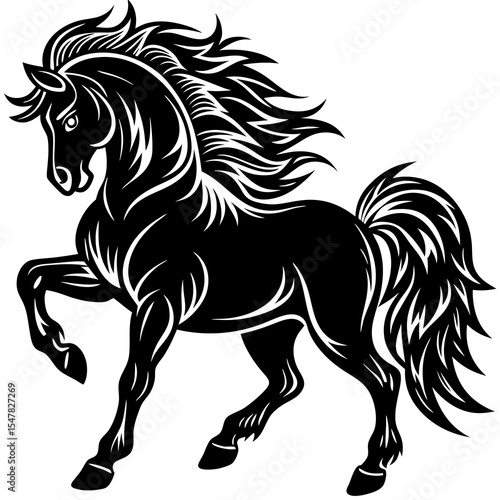 Black stallion prancing isolated on white background
