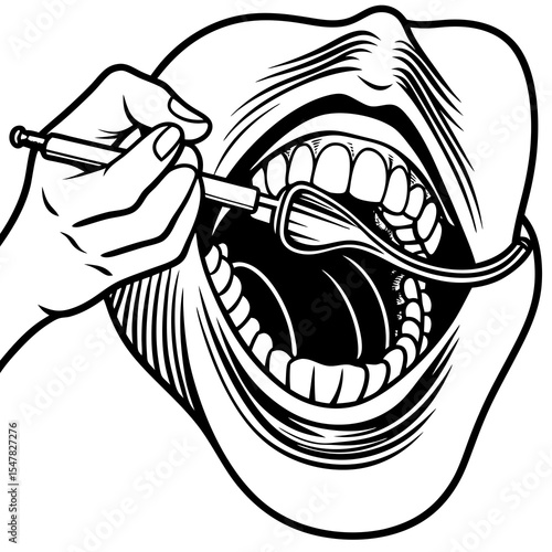 Open mouth with teeth being examined by dental instrument