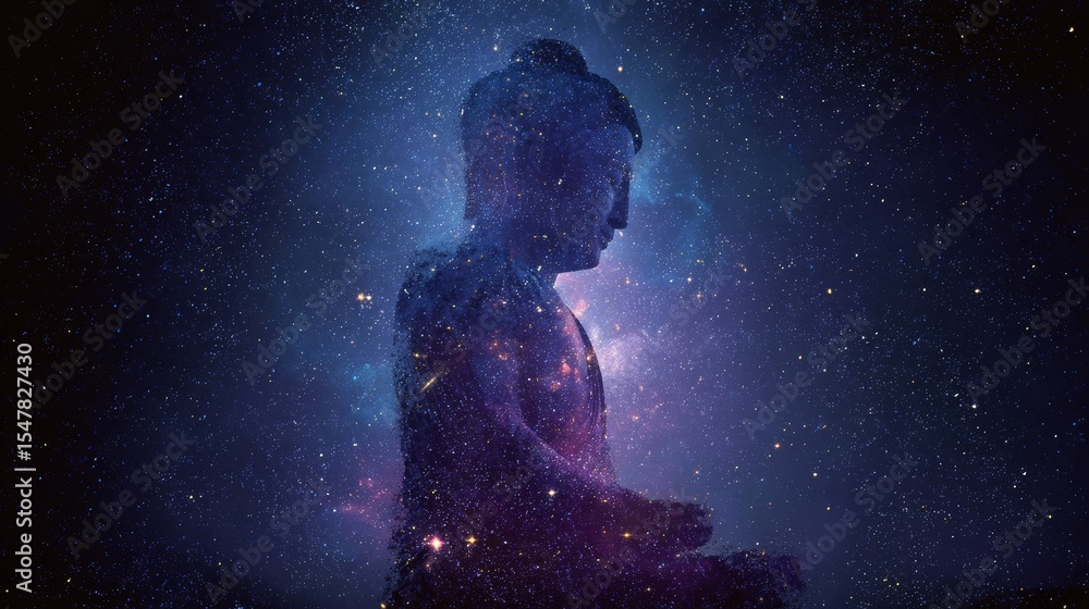 Fototapeta premium Cosmic buddha silhouette against starry galaxy background