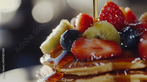 Delicious pancake stack drizzled with golden syrup and fresh colorful fruits