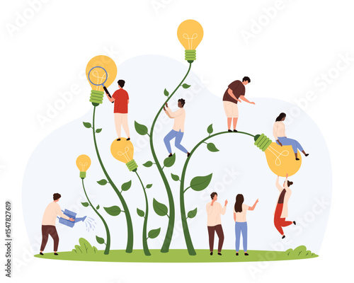 Help in development of business innovation and creative ideas growth from crowdsourcing, sponsors investing. Tiny people with watering can grow green light bulb plants cartoon vector illustration