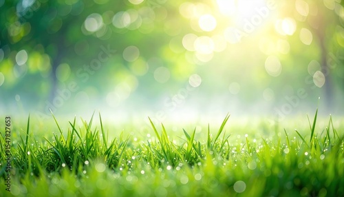 Fresh green grass bathed in morning sunlight