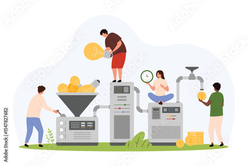 Conversion of business creative ideas into money using marketing sales funnel. Tiny people work with pipe generator machine with filter to convert light bulbs into coins cartoon vector illustration