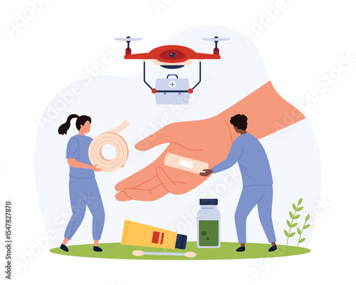 First medical aid for wounds, scratches and scrapes vector illustration. Cartoon tiny people holding adhesive tape roll to take care of injured palm, doctors stick plaster sticky patch on cut arm