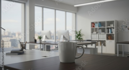 Mug on Desk, Bright Modern Office, City View.