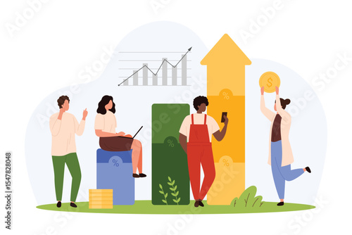 Business investment, company finance success vector illustration. Cartoon tiny people invest money, profit growth of investors on statistic graph with up arrow, financial data analysis and analytics