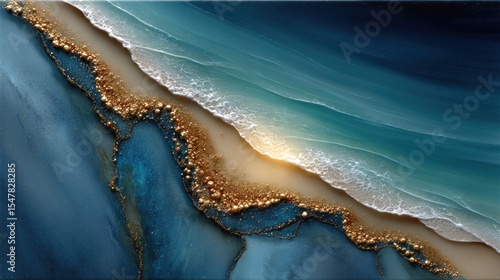 Swirling patterns of deep blue and turquoise evoke the ocean, while golden elements represent sandy shores lit by a soft sunset glow, creating a serene and dynamic visual experience
