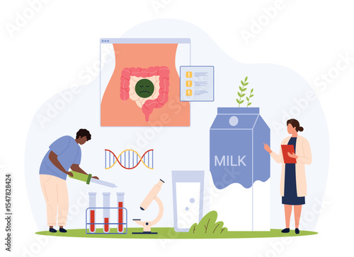 Laboratory tests for lactose intolerance in medical clinic. Tiny people check for inflammation in intestines, ache and digestion problem, examine sample with lab microscope cartoon vector illustration