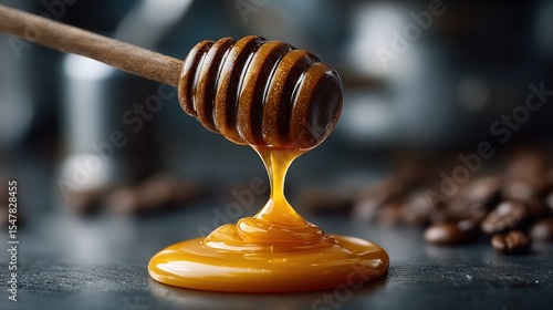 Thick, golden honey pours from a wooden dipper onto a dark surface, with scattered coffee beans nearby creating a rich and inviting composition perfect for culinary enthusiasts