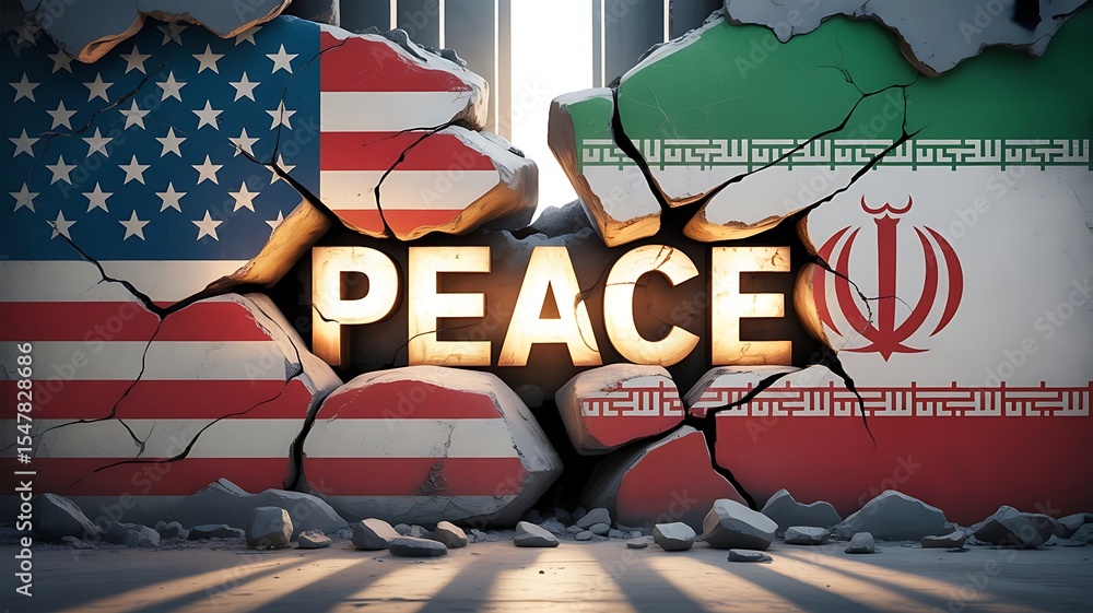 Naklejka premium Cracked Wall with American and Iranian Flags - US-Iran Relations: Political Tensions, Nuclear Issues, word peace with America and Iran flags faded and torn, created with generative ai