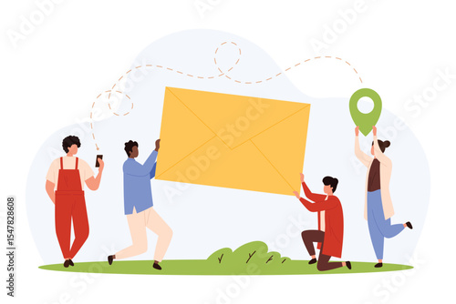 Email correspondence, notification message vector illustration. Cartoon group of tiny people holding large yellow paper envelope to send mail letter and newsletter, validate online confirmation