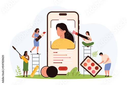 Makeup creation in mobile app. Tiny people create makeup look for girls portrait using application settings, holding lipstick and mascara, brush for powder and eye shadow cartoon vector illustration