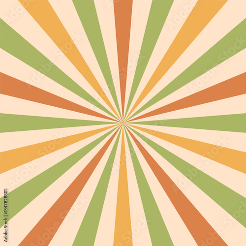 Abstract retro sunburst background in warm orange, green, and yellow tones. Psychedelic radial stripes evoke a nostalgic 70s groovy style, perfect for vintage-inspired designs, posters, print, banners