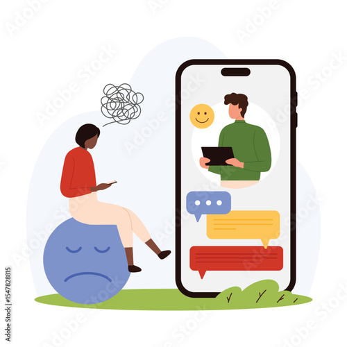 Online therapy with psychologist, helpline app vector illustration. Cartoon virtual doctor counseling tiny patient from phone screen, support advice from therapist to woman sitting on sad emoji