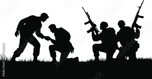 A powerful collection of military soldier silhouette vector graphics showing teamwork and combat on the battlefield set