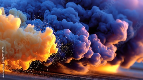 Bright smoke of orange and purple fills the air, creating a stunning visual display in an outdoor area. swirling colors dance under the evening light, captivating onlookers nearby