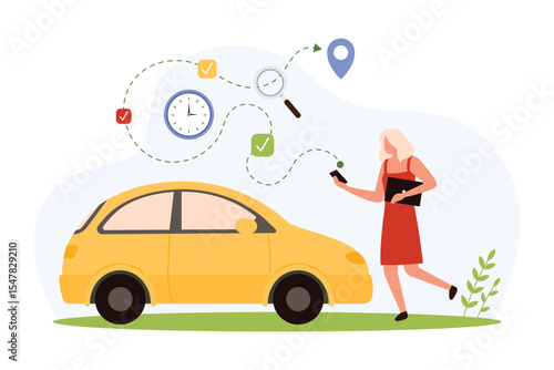 GPS navigation for car road travel in mobile app vector illustration. Cartoon tiny woman holding phone to navigate to city location pin, route search and find arrival time with website service