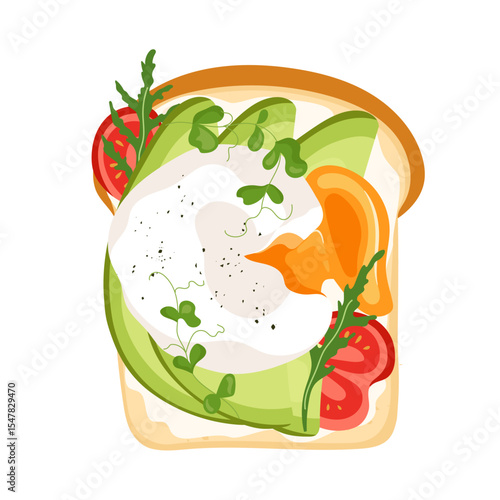 Healthy toast with poached egg and avocado slices, tomatoes, arugula and cream cheese Nutritious vegan breakfast or snack. Vector illustration for card, banner, poster, print or food design element