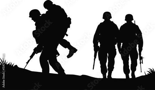 A powerful collection of military soldier silhouette vector graphics showing teamwork and combat on the battlefield set