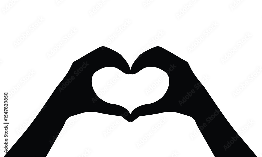 Fototapeta premium Silhouette of two hands forming a heart shape on a white background. Symbolizes love, unity, support, care, and togetherness. Great for romantic, social, or emotional-themed designs and messages.