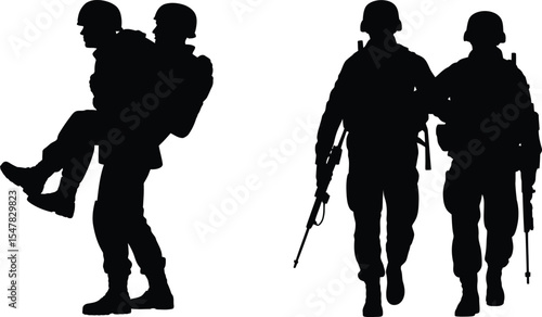 Set of soldier silhouette vector illustrations showing combat rescue, teamwork, and military patrol actions