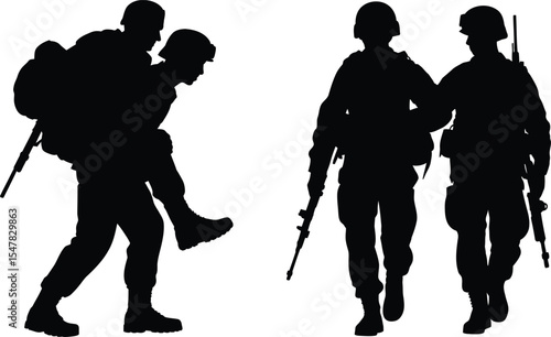 Set of soldier silhouette vector illustrations showing combat rescue, teamwork, and military patrol actions
