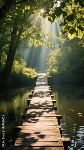 Wooden Dock Extending into a Calm Lake Surrounded by Lush Green Trees with Sunlight Filtering Through