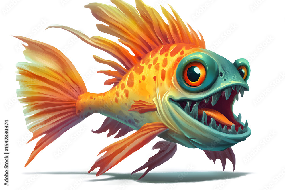 Fototapeta premium Cartoon Fish with Big Eyes and Sharp Teeth