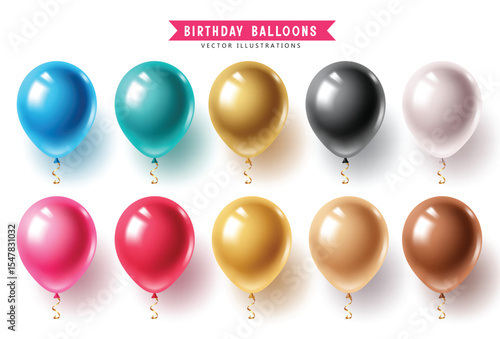 This high quality vector clipart features 10 glossy balloons in different vibrant colors, ideal for birthdays, events, and festive design materials. Vector isolated elements.